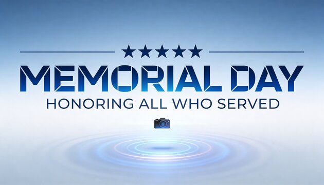 Showing MEMORIAL DAY text centered on blue gradient with stars, subtitle honoring vets, camera icon