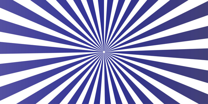 A dynamic radial pattern of alternating blue and white stripes bursts outward from a central point, creating a visually striking and energetic graphic.