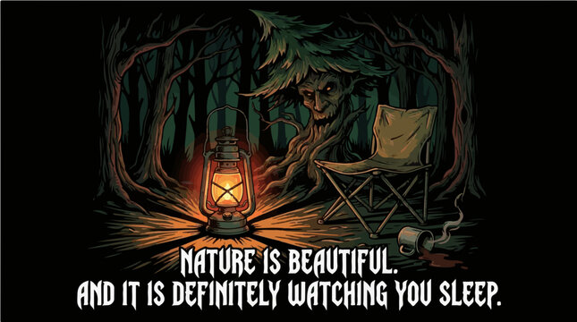 Funny Creepy Camping Tree Monster Illustration - Nature Is Beautiful And Definitely Watching You Sleep Sarcastic Forest Meme Graphic