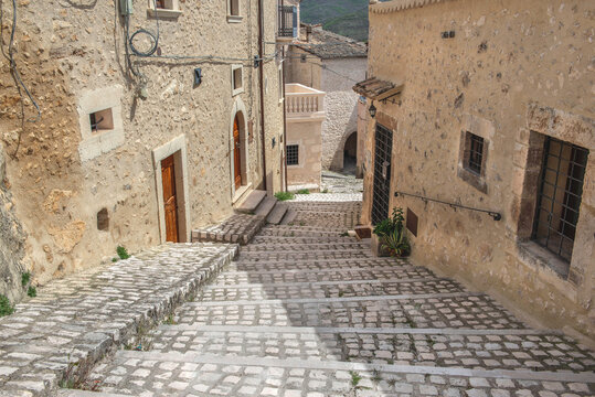 stepped pedestrian street going down in Abruzzo Village Navelli , Italy, rebuilt after earthquake