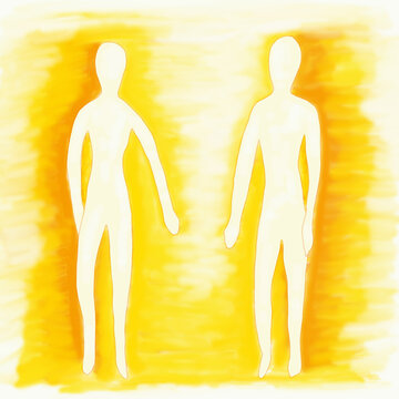 Lichtgestalten 1 - Zwei halbtransparente Silhouetten vor warmem Gelb‑Orange‑Verlauf; abstrakte Darstellung von Verbindung und Energie