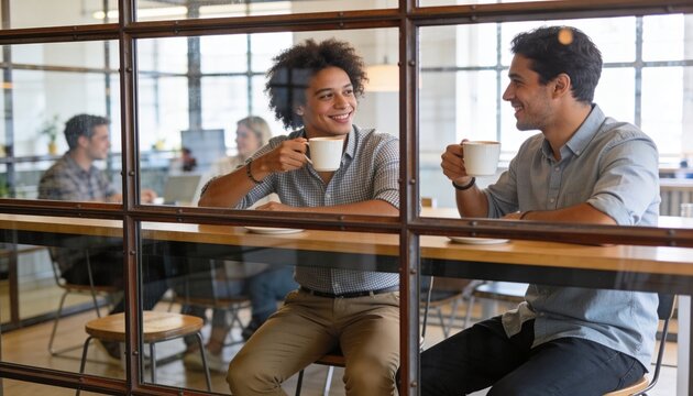 Chatting two men holding coffee mugs at cafe counter with glass partition, wearing button shirts