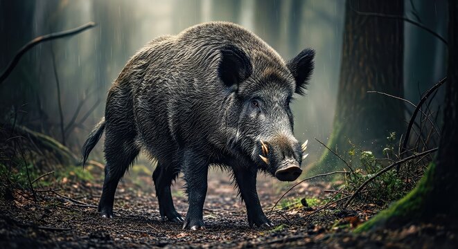 Wild Boar Walking Through Dense Forest With Misty Background
