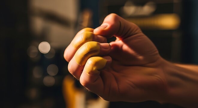 human hand tightly squeezing a ball of bright yellow Play-Doh, highlighting the texture and malleability of the material.