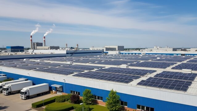 Innovative industrial complex with rooftop solar array advancing sustainable energy solutions