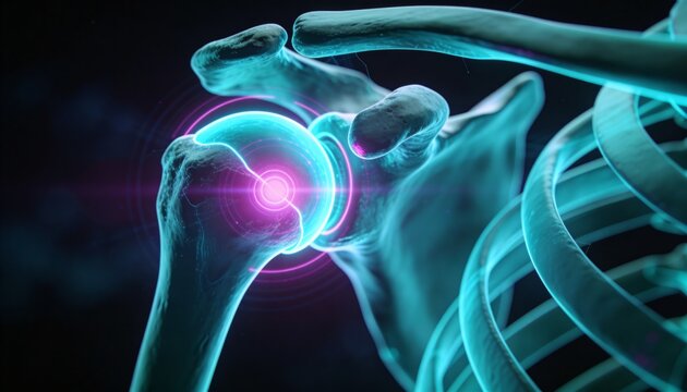 Highlighting humeral head articulating in glenoid cavity in medical 3D render, with magenta target