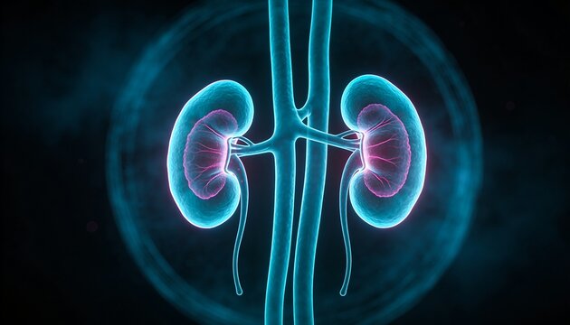 Displaying translucent kidneys showing renal cortex, medulla and pelvis 3D, ureters and vessels