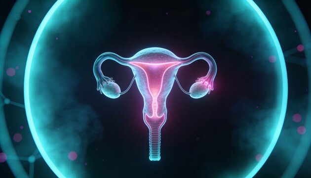 Displaying neon 3D reproductive system inside halo, showing glowing uterus, tubes, ovaries, cervix