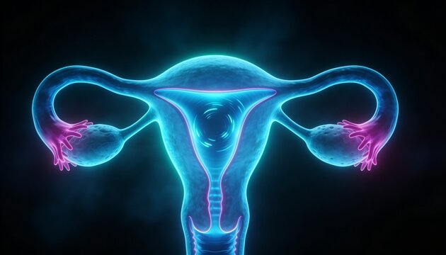 Presenting stylized anatomy showing uterus, fallopian tubes, ovaries and cervix on black background
