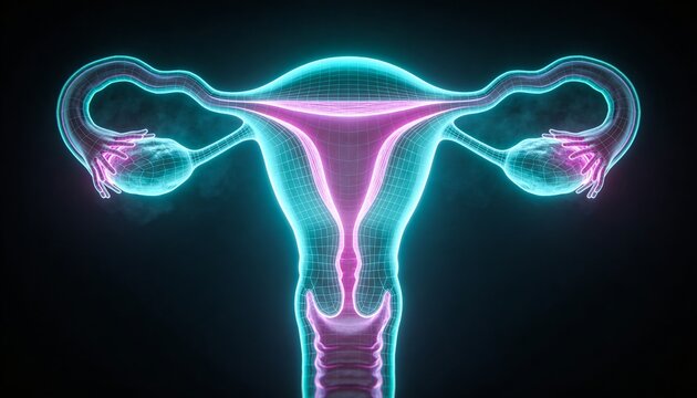 Showing holo wireframe pelvic anatomy in dark void, displaying uterus cervix tubes ovaries fimbriae