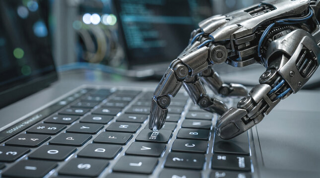 A robot working on a laptop. Close-up of an android's hand typing on a keyboard. Detailed image of the hand. Blurred office background. Artificial intelligence technology concept.