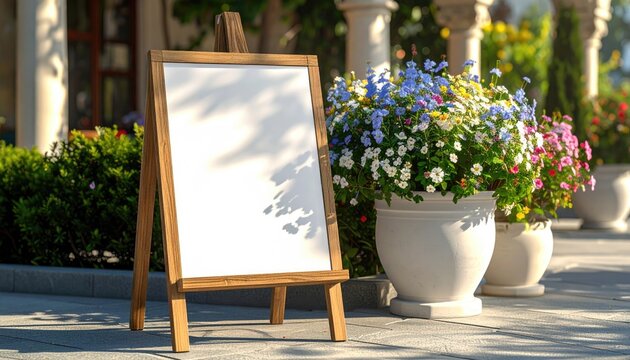 Blank wooden easel and flower pots outdoors for advertisement purposes