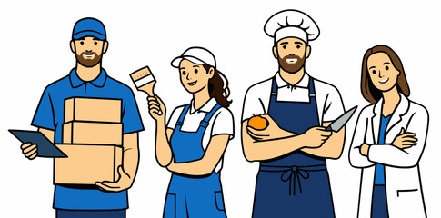 Fototapeta premium A diverse team of five professionals in various work uniforms including a courier, chef, painter, doctor, and manager on a white background.