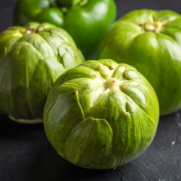 A close-up photo of four green tomatillos on a dark surface
