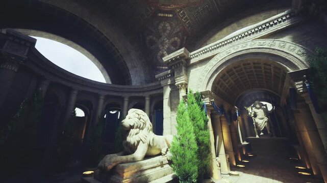 Sunlit rotunda with marble lion statue, architectural photographer capturing grandeur under coffered dome. Warm sunlight through oculus creates dramatic shadows