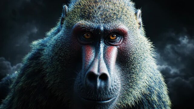 Mandrill baboon turning and staring intensely against stormy dark sky for wildlife and nature content
