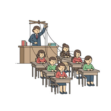 Teacher controlling students as puppets in classroom concept
