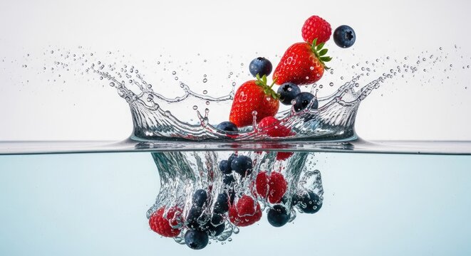 Fresh mixed berries splashing into clear water on white background