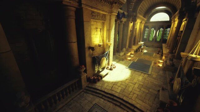 cinematic fantasy corridor with dramatic light and statues framing long perspective, theatrical ornament and textured marble floors suggest film set or staged