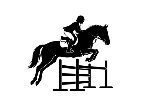 Equestrian jumping black horse and rider over obstacle isolated on transparent background, Vector