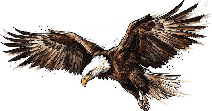 Flying bald eagle vector sketch illustration, majestic patriotic american bird soaring isolated on white
