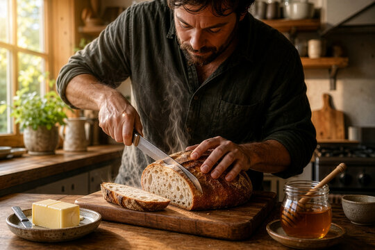 Man Slicing Fresh Artisan Bread in Rustic Kitchen