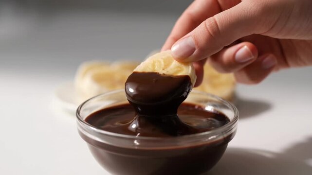 Close-up slow motion of frozen banana slices dipped into melted dark chocolate