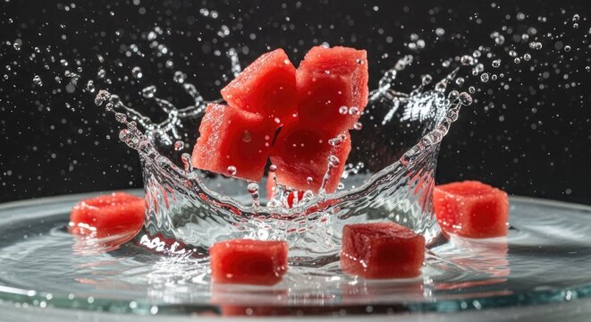 Fresh watermelon cubes splashing into water against black background