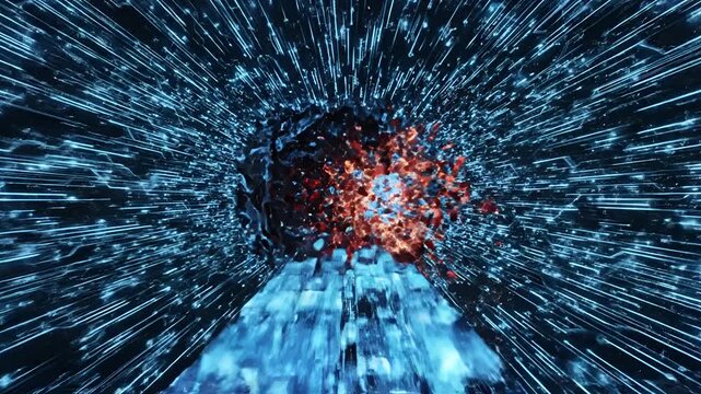 Abstract Collision of Fiery Red and Icy Blue Energy Streams in Digital Tunnel.