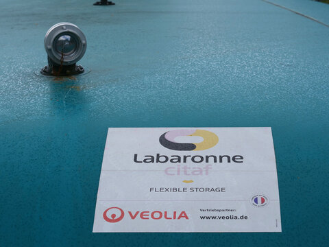 Germany, Harz Forest, May 16. 2026, Foldable water tank from manufacturer Labaronne-Citaf, in partnership with Veolia, are used to store water for firefighting during wildfires