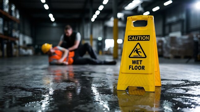 Warehouse worker wearing a hard hat and high visibility vest slips and falls on a wet floor, helped by a colleague.