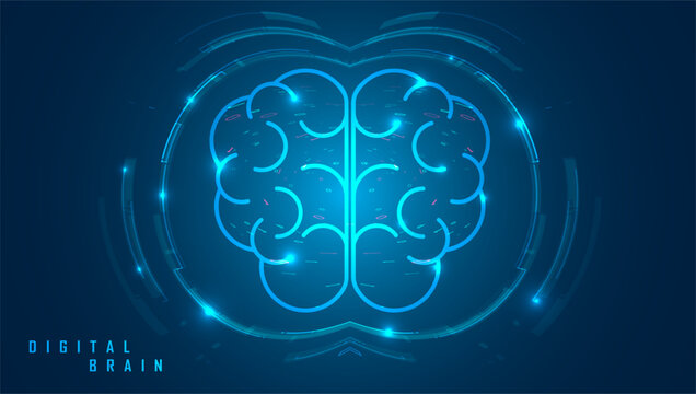 Futuristic glowing blue digital brain interface representing artificial intelligence and computing. Graphic concept for design