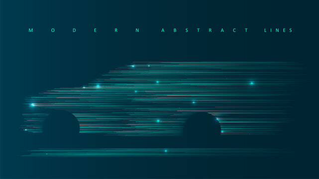 Abstract digital speed motion car silhouette made of glowing lines. Graphic concept for design
