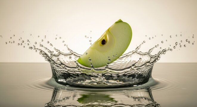 Green apple slice falling into water with dynamic crown splash