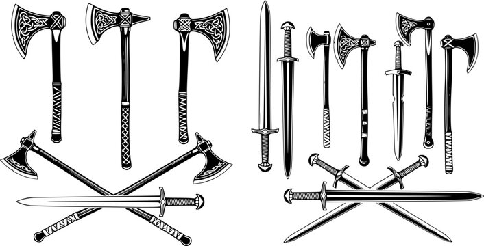 Medieval weapon collection illustration featuring mace and axes in black and white vector style
