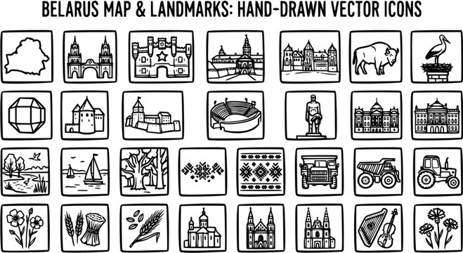 Belarus Map and Landmarks Hand-Drawn Vector Icons Set. Outline Clip Art for Travel, Culture, and National Symbols. Historic Architecture, Nature, Animals, and Agriculture.