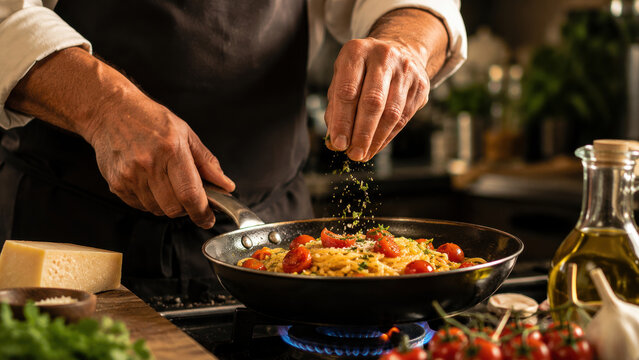 Cuoco che prepara pasta in padella con erbe aromatiche. Generative AI 