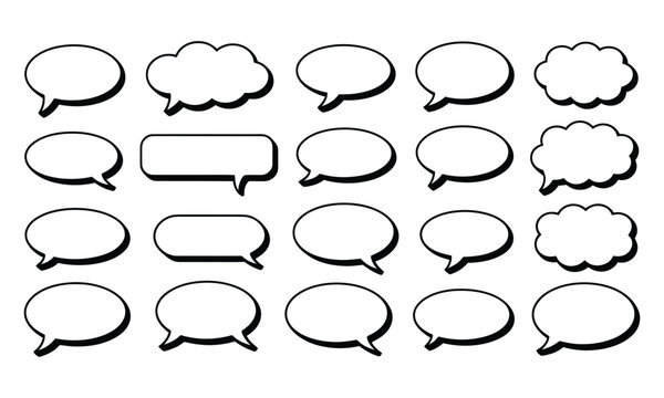 Collection of black outlined speech and thought bubbles on white background