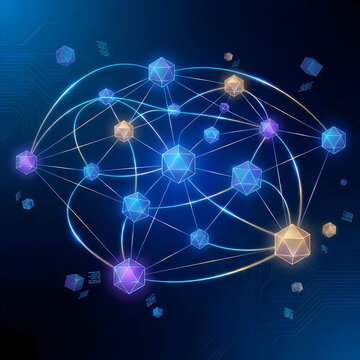 Decahedron polyhedron network, abstract decentralized blockchain or data exchange connection system.