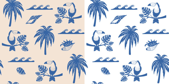 Sea summer tropical naive seamless pattern. Vector design of sea and tropical.