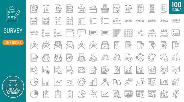A collection of editable line icons depicting various survey and data analysis elements on a white background. , jpg, vector icons file, png,