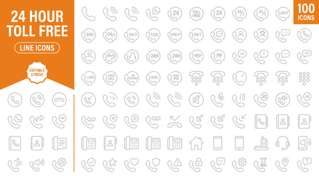 A collection of 100 line icons depicting various phone and communication symbols for 24 hour toll free services , jpg, vector icons file, png,