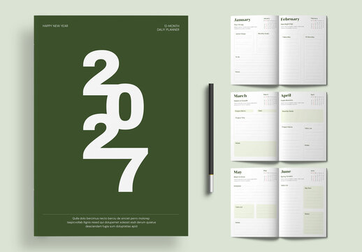 Minimalist 2027 Monthly Planner Template with 12 Month Calendar and Olive Green Layout