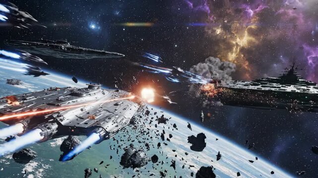 Epic space battle between capital starships in orbit. Futuristic warfare scene with explosions and laser fire above planet. Science fiction conflict concept