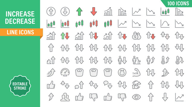 A collection of line icons depicting increase and decrease symbols for data visualization and infographics , jpg, vector icons file, png,