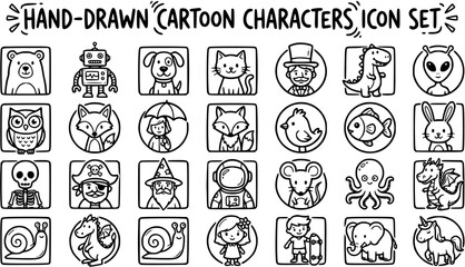 Hand-drawn cartoon characters and icons set, line art illustration of various animals, people, and objects © victoria