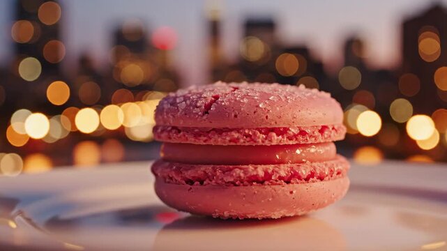 Pink macaron zooming in on plate with bokeh city skyline background for food and luxury content