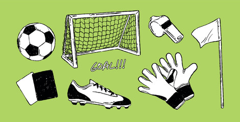 soccer and football doodle sticker vector set. hand drawn isolated organic ink clipart elements. soccer ball, football gate, cleats boot, goalkeeper gloves, corner flag, referee whistle, referee cards © curly