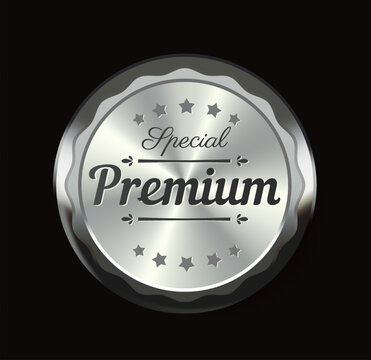 Metallic premium badge in shiny graphic style on dark background symbolizing quality and exclusivity highlighting premium status and value. Vector illustration
