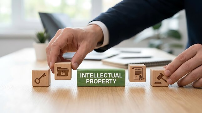 Businessman's hands arrange wooden blocks symbolizing intellectual property protection, patents, copyright, and legal rights on a desk with a laptop.